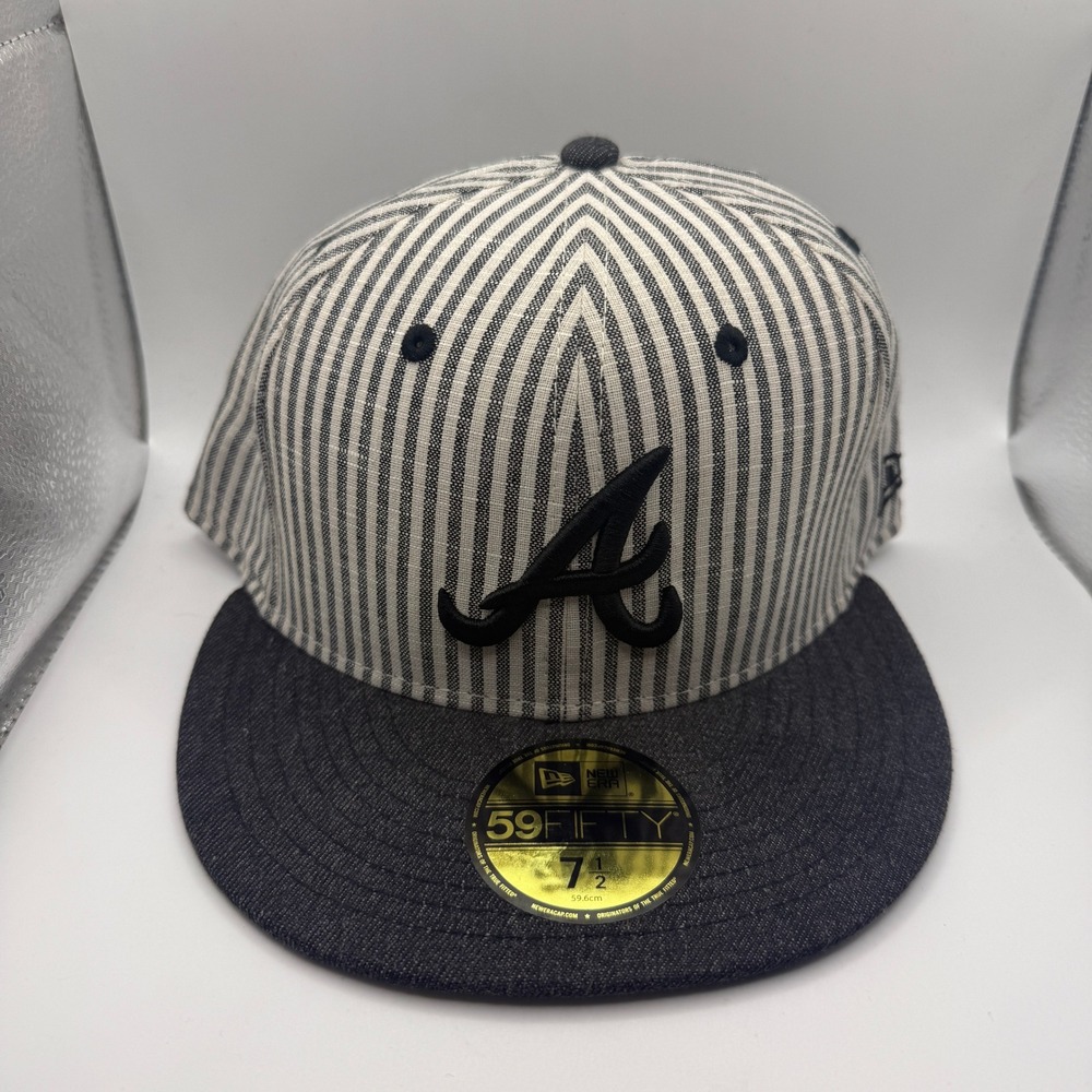 New Era 59FIFTY Atlanta Braves Fitted Hat 7 1/2 Pinstripe Denim MLB Cap Mens